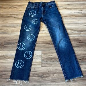 Custom Smiley Face Jeans Y2K Indie Grunge Straight Leg Raw Hem  AE Size 30